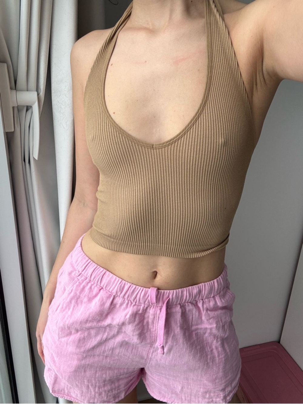 Aritzia Sunday Best Ribbed Halter Crop Top in Camel Tan
